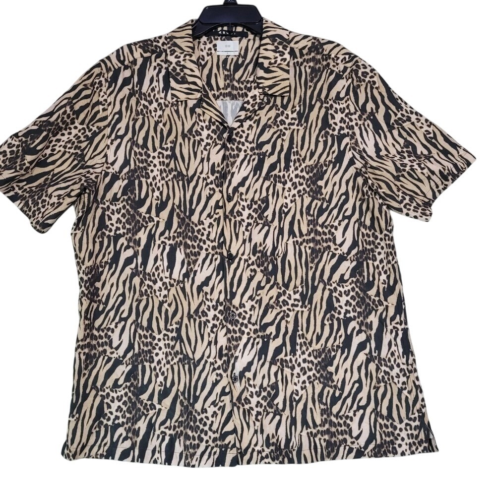 Ksubi Mens L Animal Print Lyocell‎ Short Sleeve Button Down Shirt Top FLAW